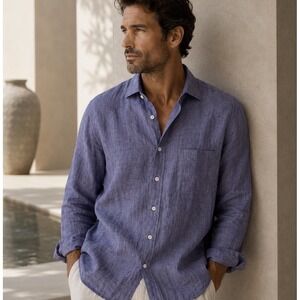 Luciano Barbera Button Down Shirt Mens XL Blue 100% Linen Made in Italy Classic